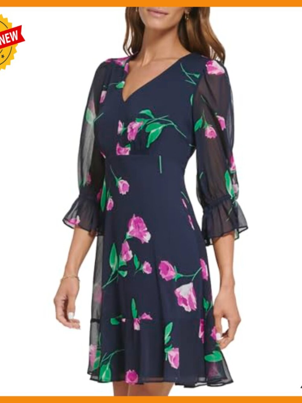 V-Neck Balloon Sleeve Ruffle Hem Dress Casual Chiffon 3/4 Sleeve - Picture 3 of 5
